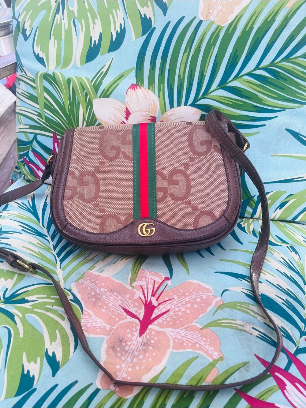 Gucci Beige GG Canvas Crossbody with Green-Red Web and Brown Leather Trim